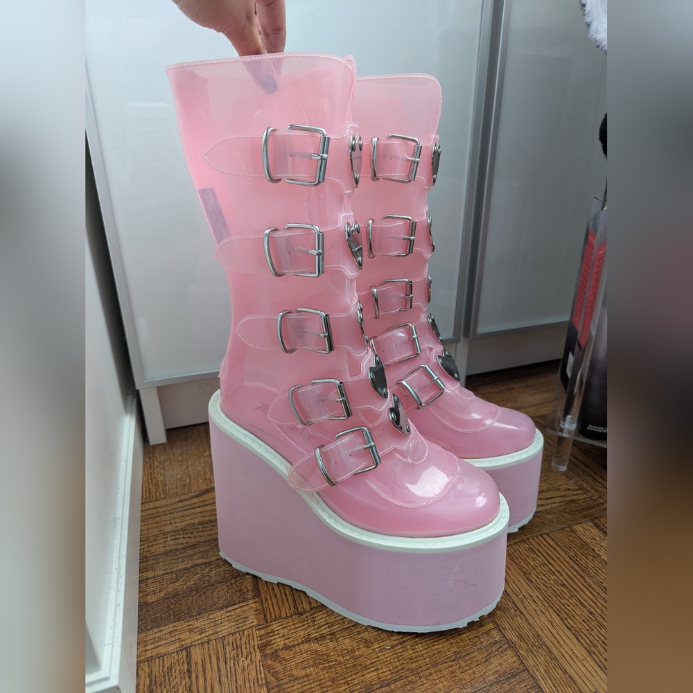 Demonia Pink and Black Platform Shoes with Heart Motifs